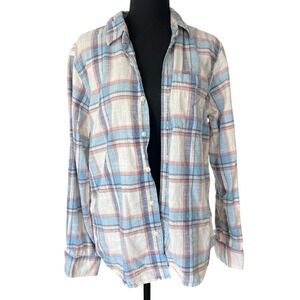 American Eagle Super Soft Plaid Shirt Womens M‎ Blue Pink Button Front Casual